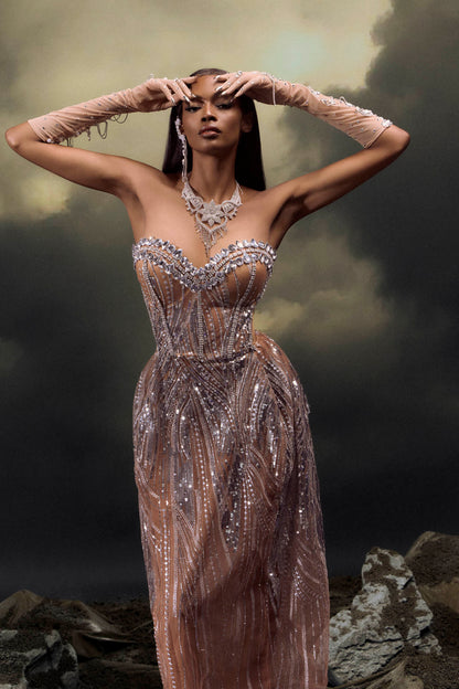 Elaine Diamond Embellished Corset Sheer Maxi Dress