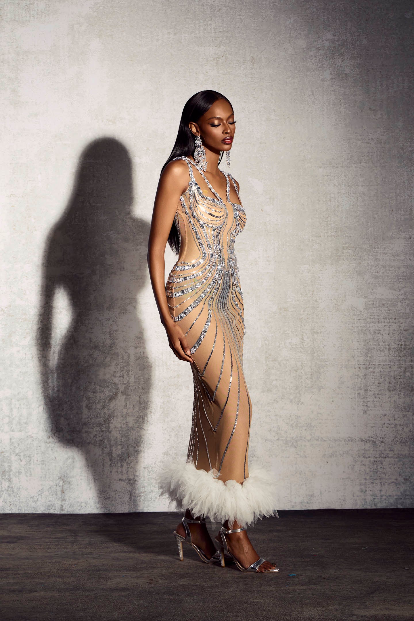 Lena Rhinestone Embellished Feather Trim Maxi Dress