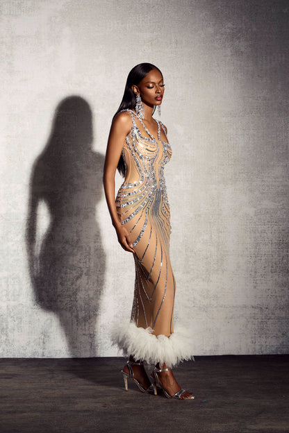 Lena Rhinestone Embellished Feather Trim Maxi Dress