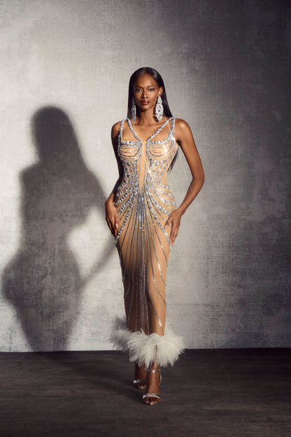 Lena Rhinestone Embellished Feather Trim Maxi Dress