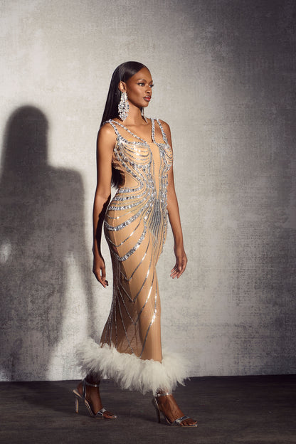 Lena Rhinestone Embellished Feather Trim Maxi Dress