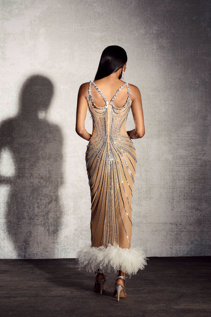 Lena Rhinestone Embellished Feather Trim Maxi Dress