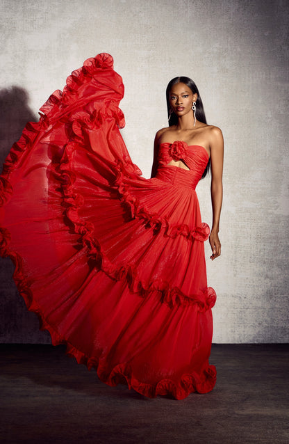 Erica Pleated Ruffle Metallic Chiffon Maxi Dress