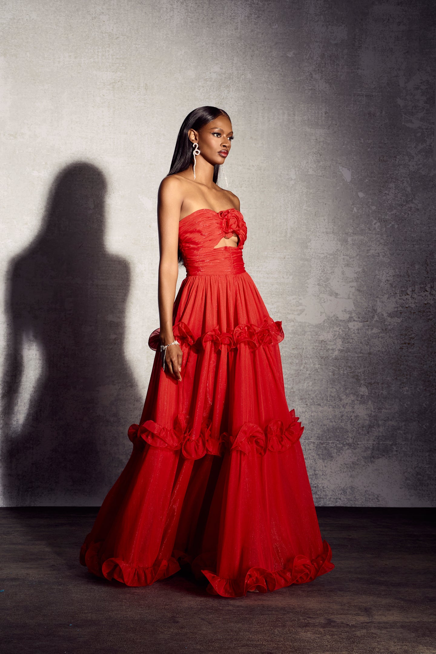 Erica Pleated Ruffle Metallic Chiffon Maxi Dress