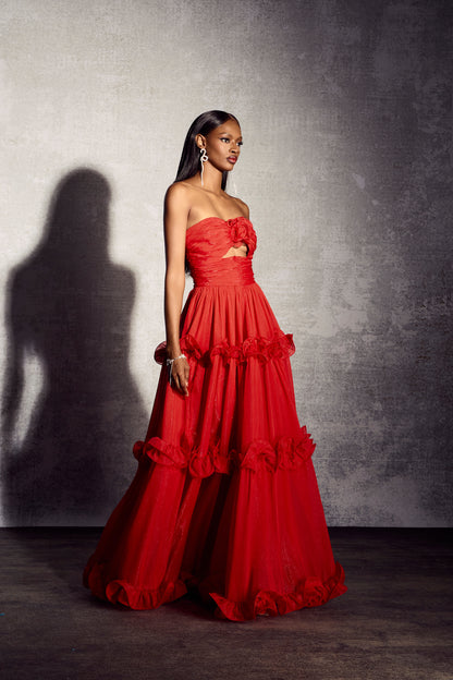 Erica Pleated Ruffle Metallic Chiffon Maxi Dress