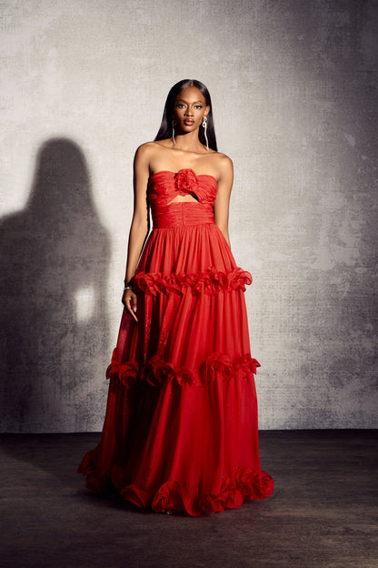 Erica Pleated Ruffle Metallic Chiffon Maxi Dress