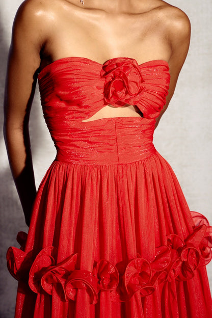 Erica Pleated Ruffle Metallic Chiffon Maxi Dress