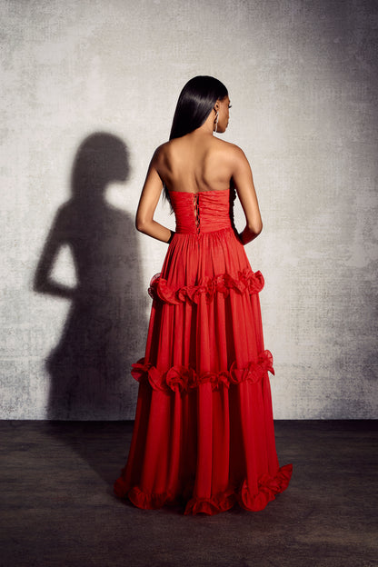 Erica Pleated Ruffle Metallic Chiffon Maxi Dress