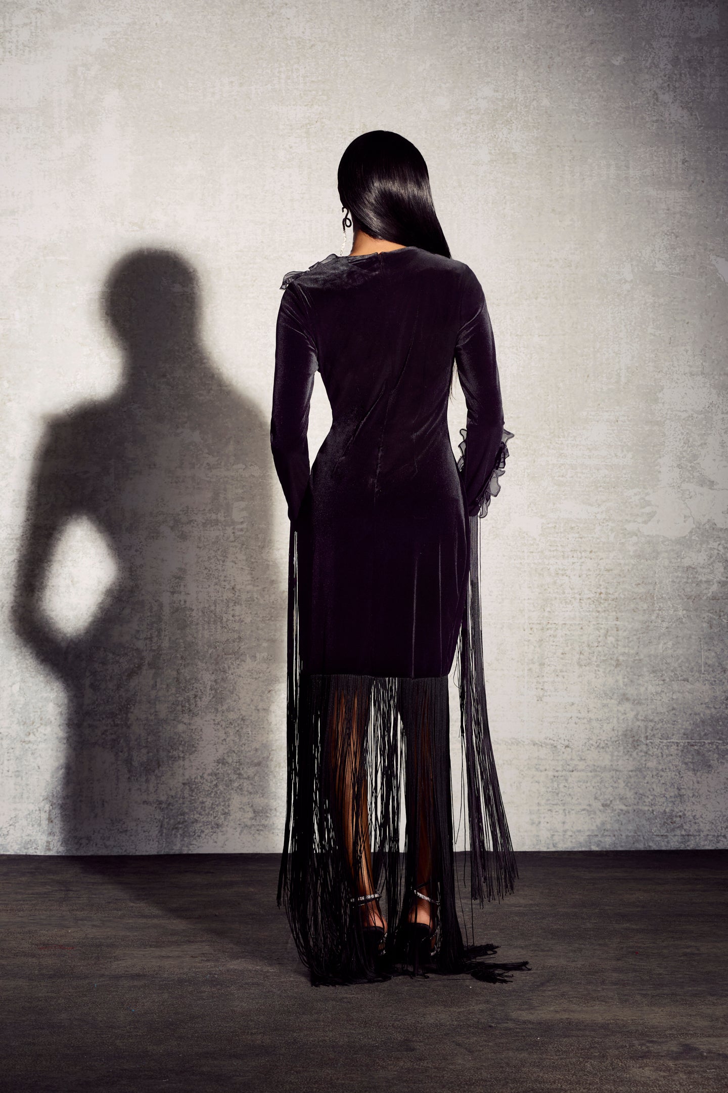 Jennifer Long Sleeve Tassel Velvet Maxi Dress