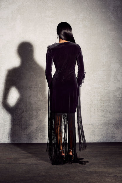Jennifer Long Sleeve Tassel Velvet Maxi Dress