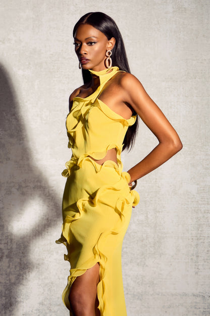 Gloria One Shoulder Ruffle Maxi Chiffon Dress