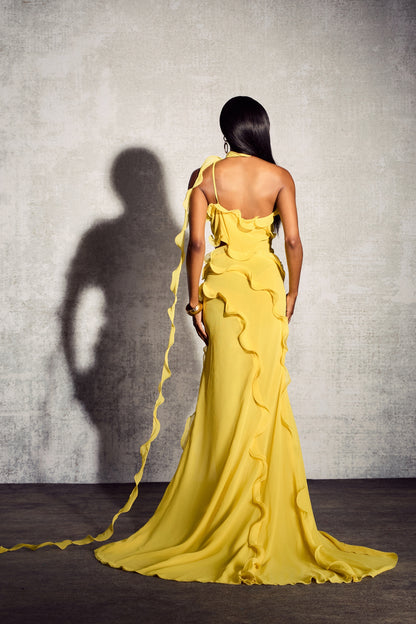 Gloria One Shoulder Ruffle Maxi Chiffon Dress