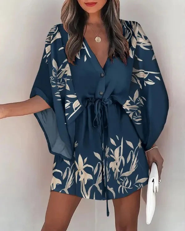 European Fashion Print V-neck Vacation Dress