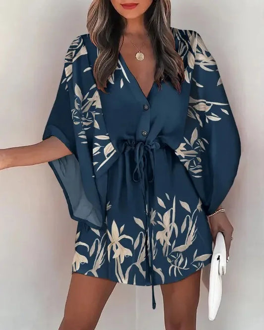 European Fashion Print V-neck Vacation Dress