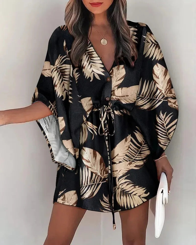 European Fashion Print V-neck Vacation Dress