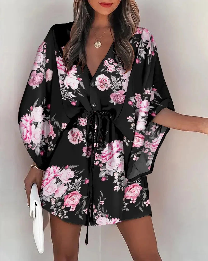European Fashion Print V-neck Vacation Dress