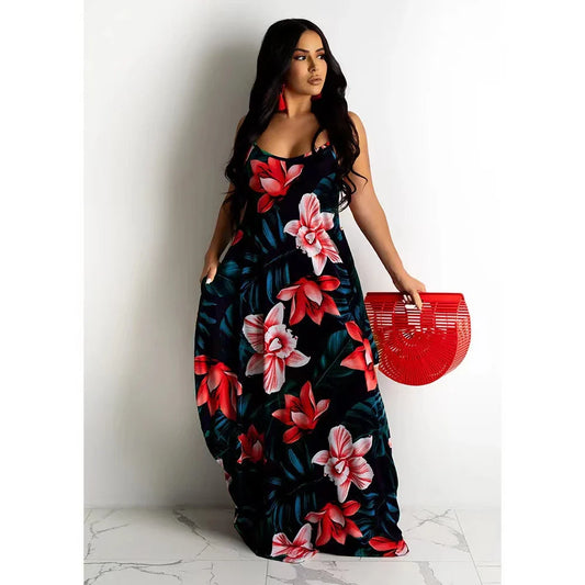 Loose Floral Print Slip Dress Long Skirt Floral Dress