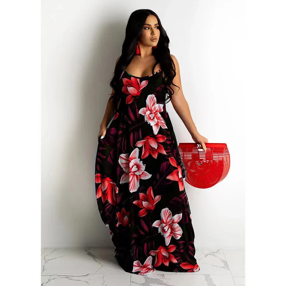 Loose Floral Print Slip Dress Long Skirt Floral Dress