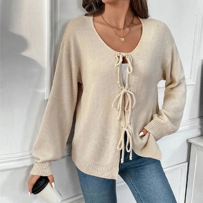 Tie-Up Round Neck Solid Sweater Coat Cardigan