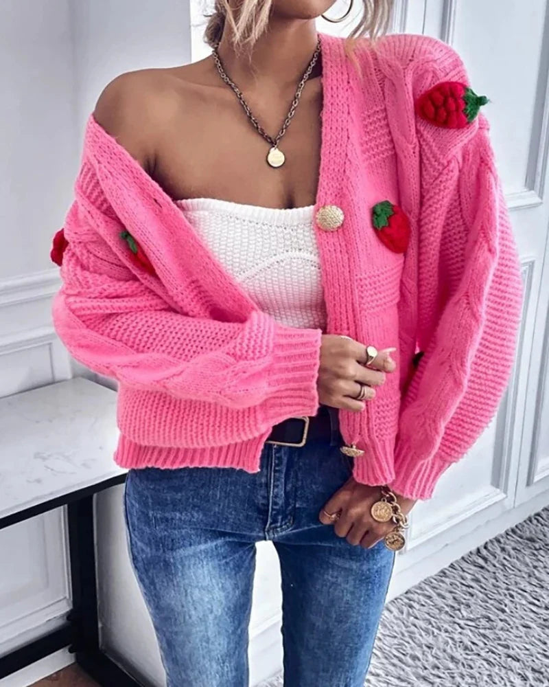Strawberry Print Loose Fitting Knit Cardigan
