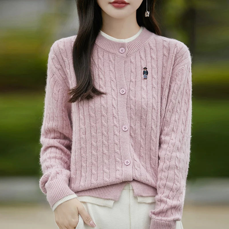 Embroidered Little Bear Loose Cashmere O-Neck Cardigan