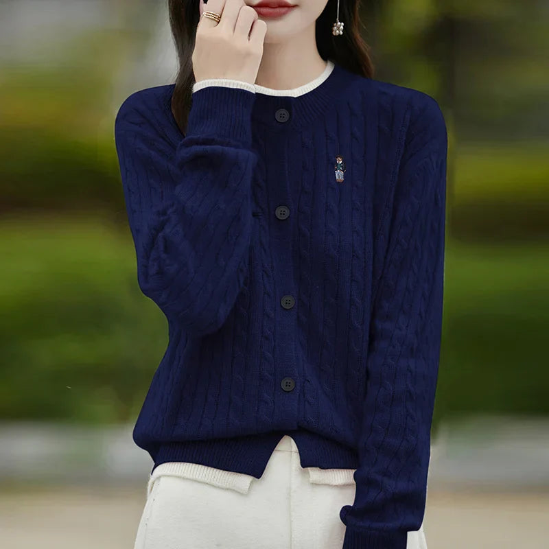 Embroidered Little Bear Loose Cashmere O-Neck Cardigan