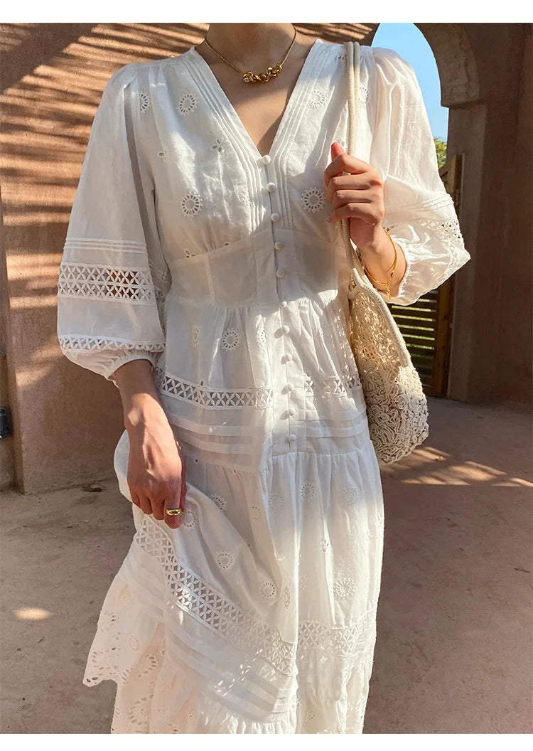 Cotton Floral V-neck Slim Summer Boho Dress