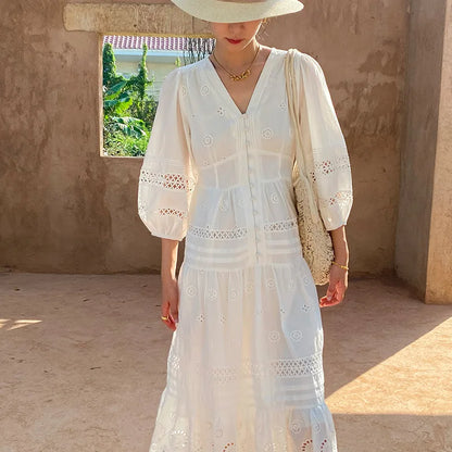 Cotton Floral V-neck Slim Summer Boho Dress