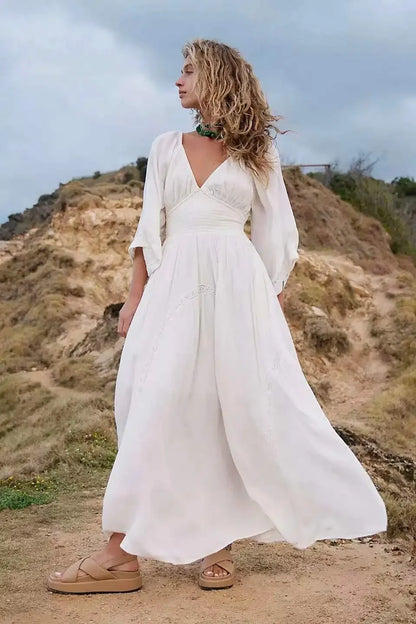 Oversized Backless Deep V Cotton Boho Dress