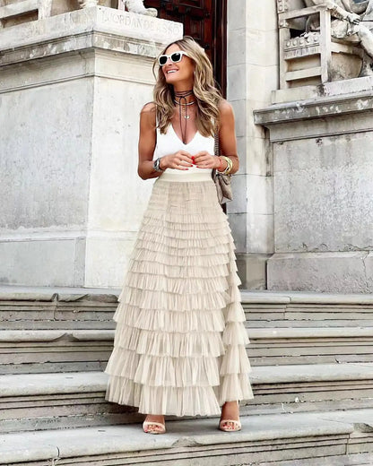Solid Ball Gown High Waist Pleated Mesh Dating Maxi Skirt
