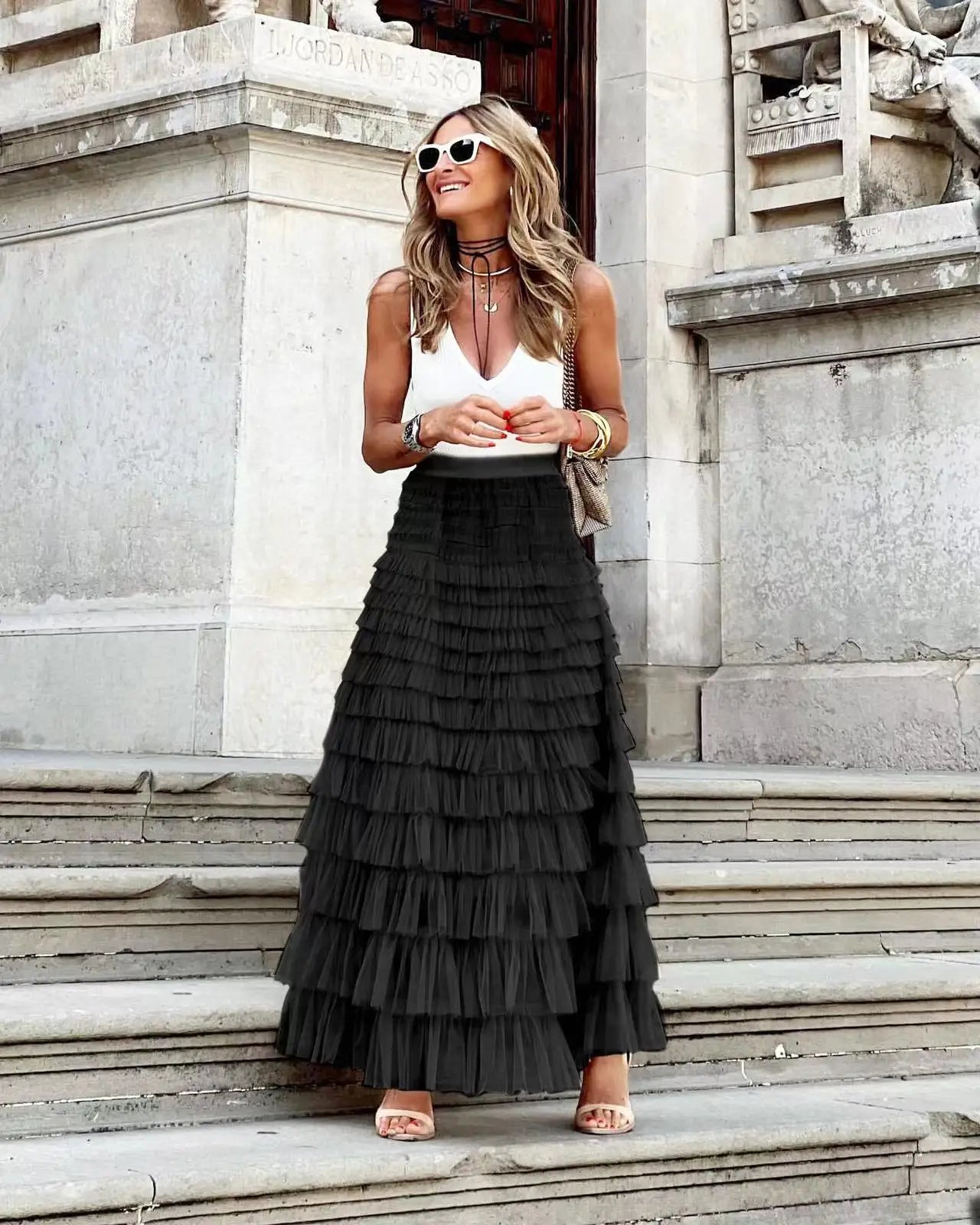 Solid Ball Gown High Waist Pleated Mesh Dating Maxi Skirt