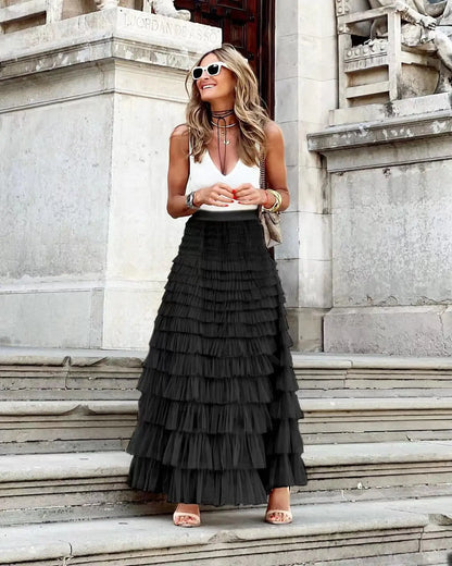 Solid Ball Gown High Waist Pleated Mesh Dating Maxi Skirt
