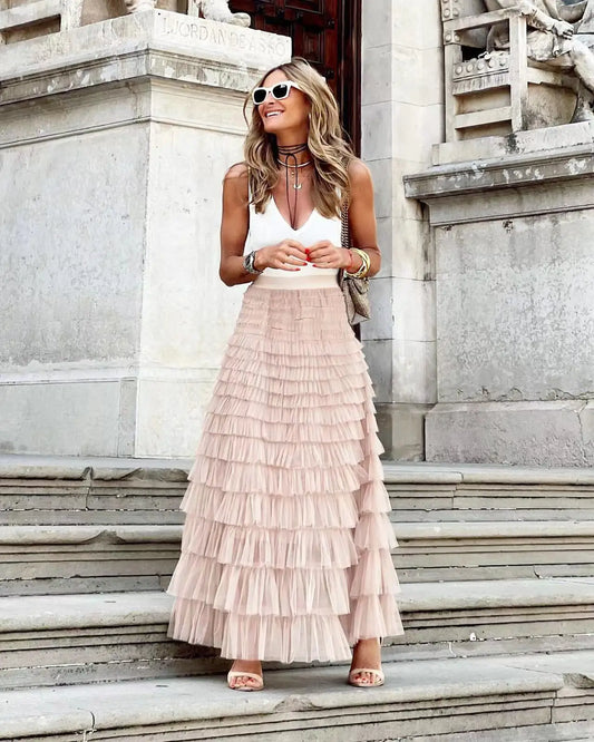Solid Ball Gown High Waist Pleated Mesh Dating Maxi Skirt