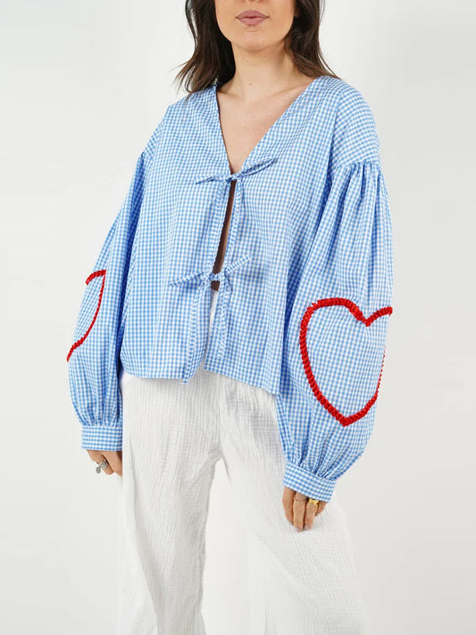 Plaid Heart Trim Tie-Up Blouse