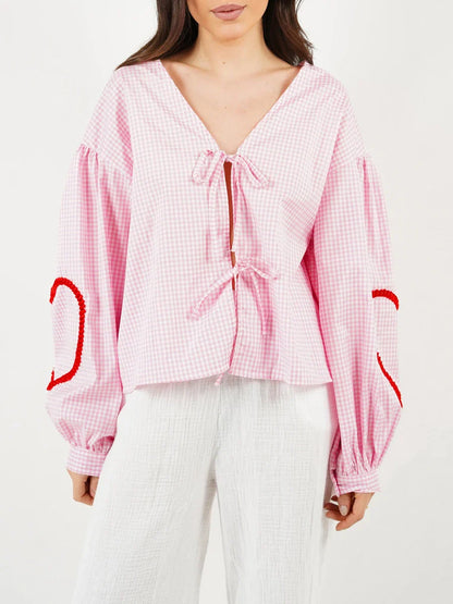 Plaid Heart Trim Tie-Up Blouse