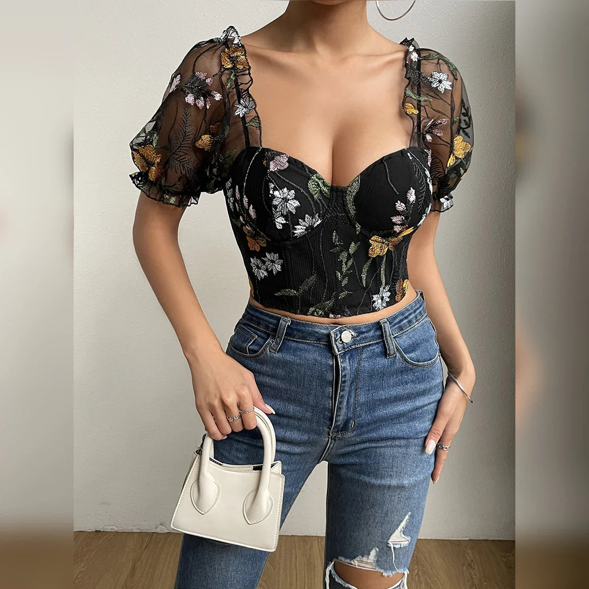 Embroidery Mesh Puff Sleeve Fishbone Corset Top