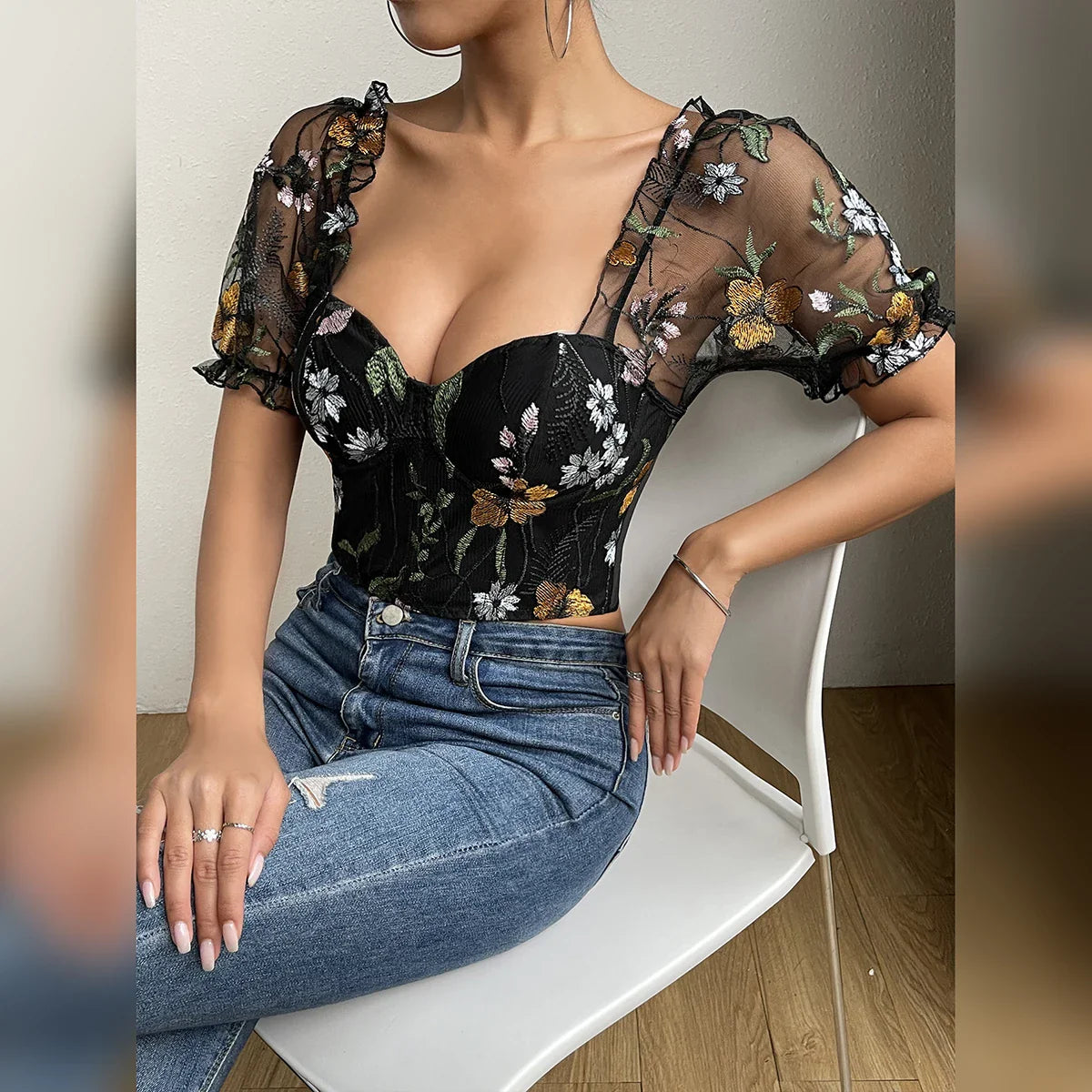 Embroidery Mesh Puff Sleeve Fishbone Corset Top