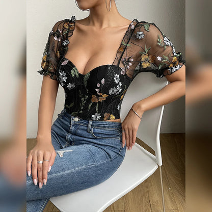 Embroidery Mesh Puff Sleeve Fishbone Corset Top