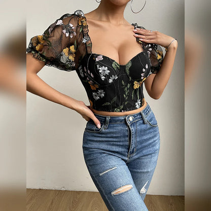 Embroidery Mesh Puff Sleeve Fishbone Corset Top