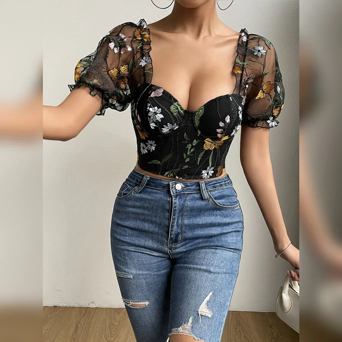 Embroidery Mesh Puff Sleeve Fishbone Corset Top