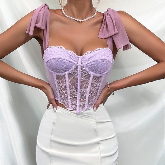 Purple Lace Bow Shoulder Strap Fishbone Crop Top