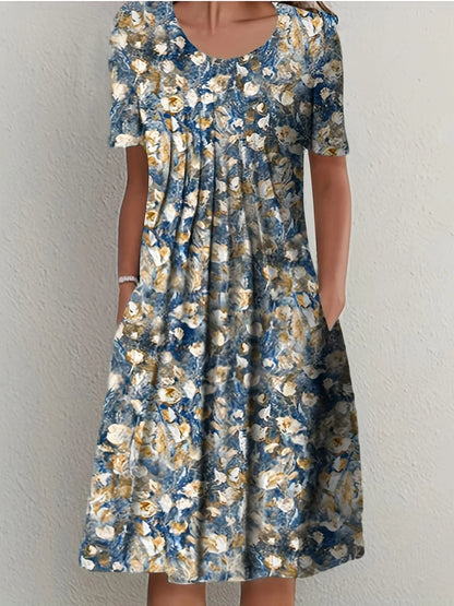 Elegant Spring Summer Round Neck Printed Floral Dress