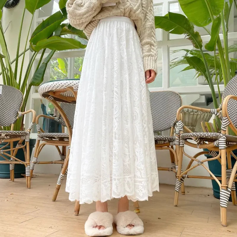 New Spring Summer Women Long Skirt Fairy Palace Custom Lace