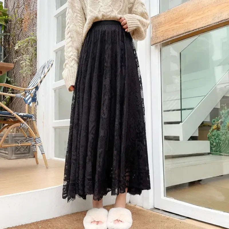 New Spring Summer Women Long Skirt Fairy Palace Custom Lace