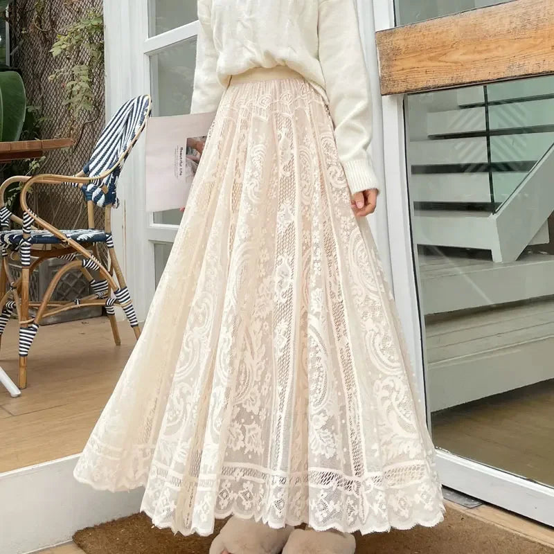 New Spring Summer Women Long Skirt Fairy Palace Custom Lace