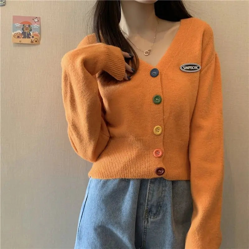 Colorful V-Neck Loose Long Sleeve Casual Knit Cardigan