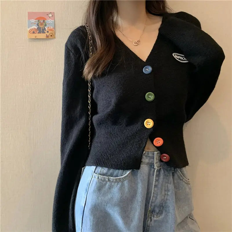 Colorful V-Neck Loose Long Sleeve Casual Knit Cardigan