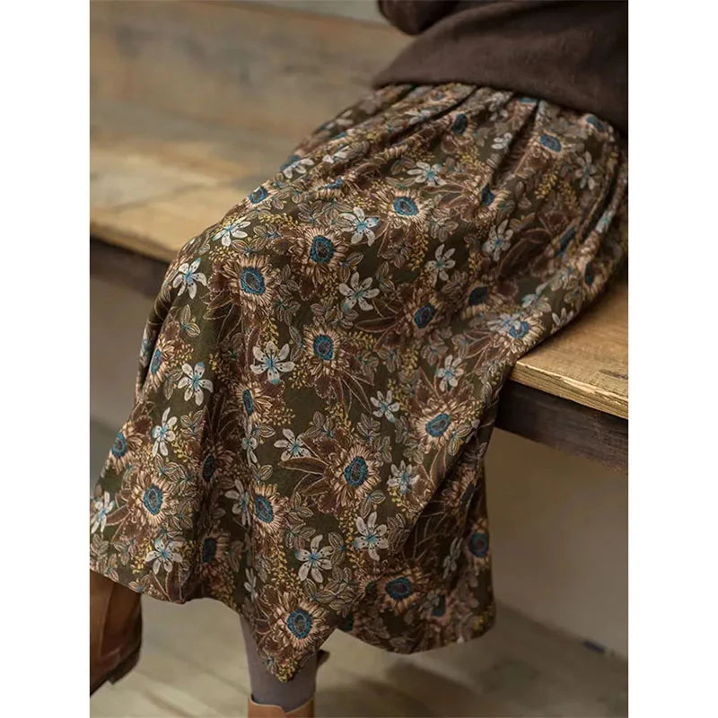 Cotton Retro Printed Mid-Long Loose Skirt