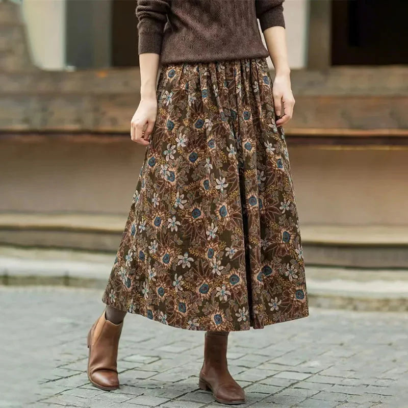Cotton Retro Printed Mid-Long Loose Skirt