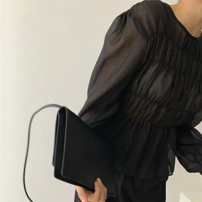 O-Neck Puff Long Sleeve Pleated Blouse